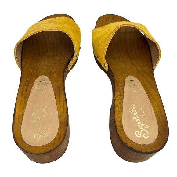Seychelles Marine Layer Suede Mustard Wood Sandals Slip Ons 6.5 New - Picture 7 of 11